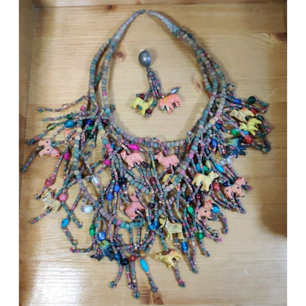 Vintage Beaded African Animal Fetish Wooden Bead Necklace + 1 Earring